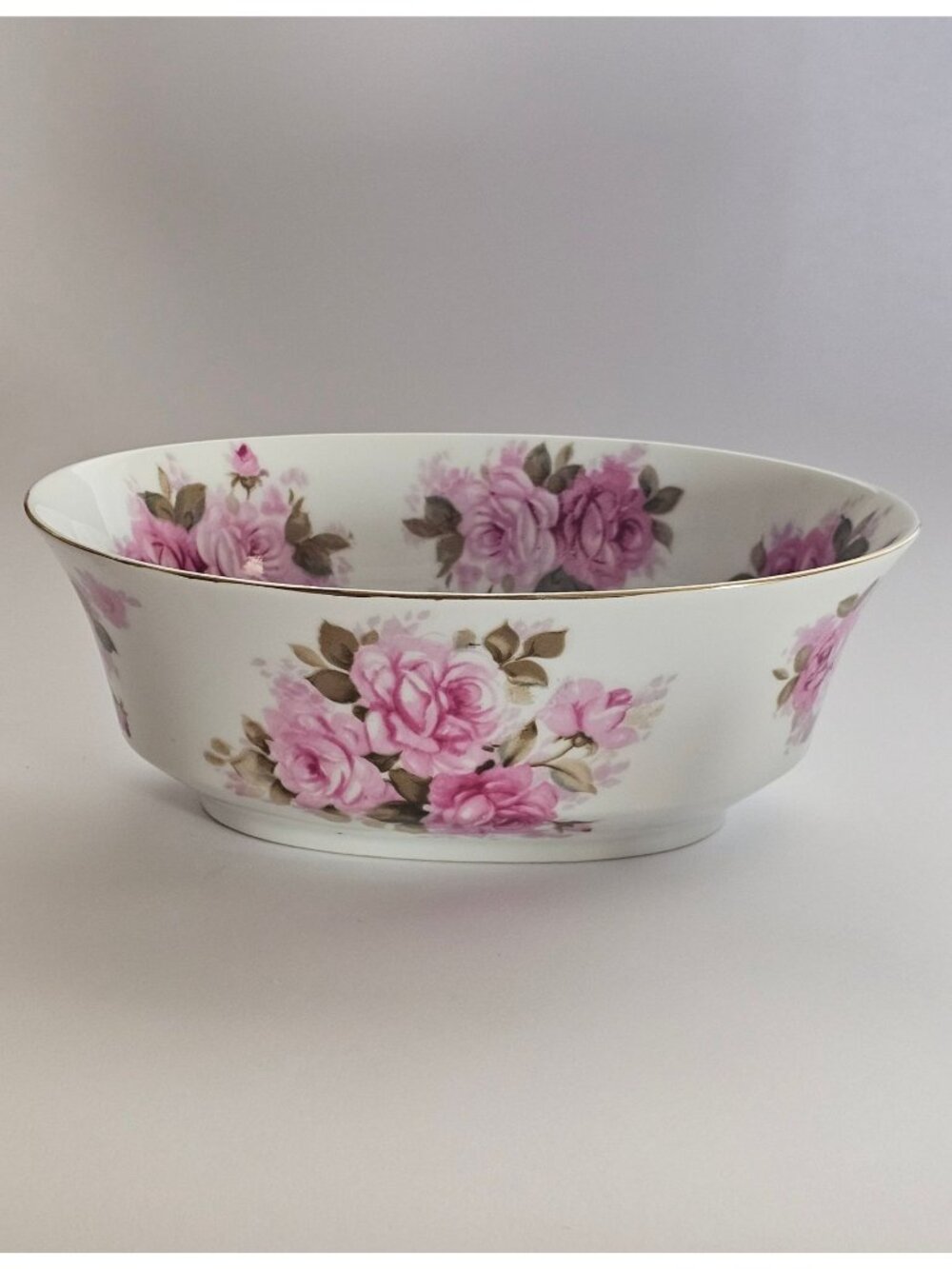 Andrea by Sadek pink roses 9" oval serving bowl featuring delicate floral cluste